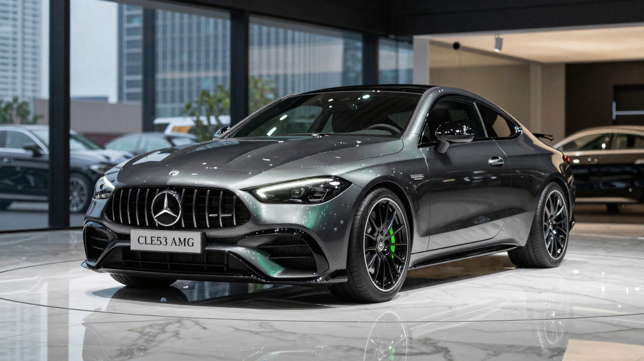 Sleek dark grey Mercedes-Benz AMG coupe displayed indoors on a glossy marble floor with city buildings visible outside.