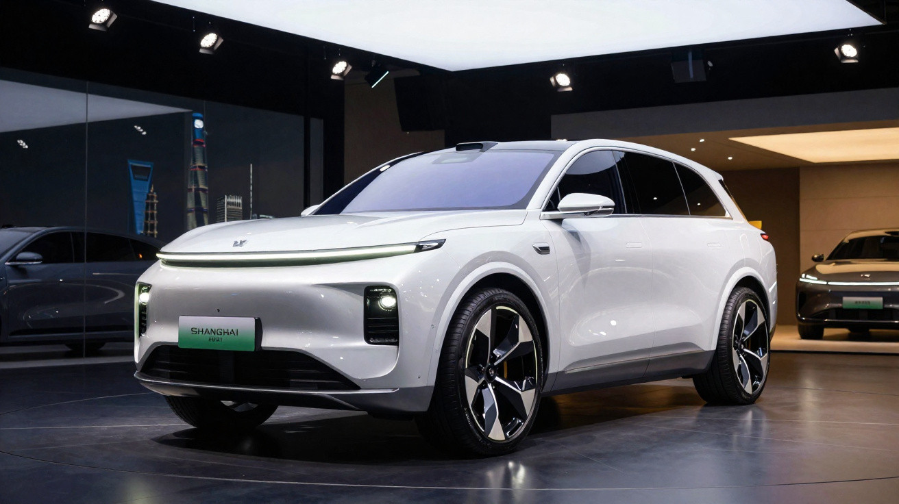White modern electric SUV displayed indoors with large black alloy wheels and futuristic headlights
