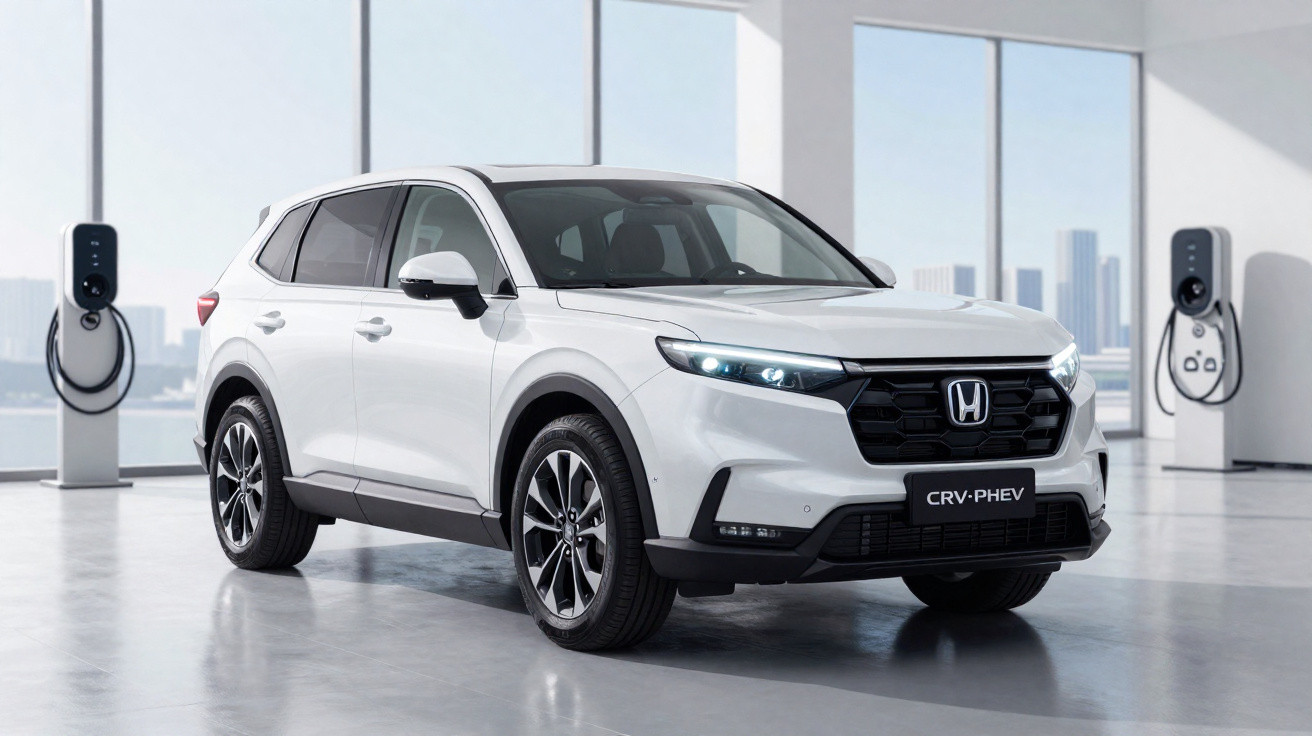 White Honda CR-V PHEV electric SUV parked indoors near charging stations with city skyline visible through windows.