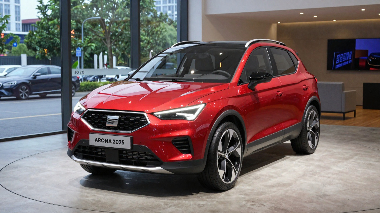 Red 2025 SEAT Arona compact SUV displayed indoors near large glass windows.