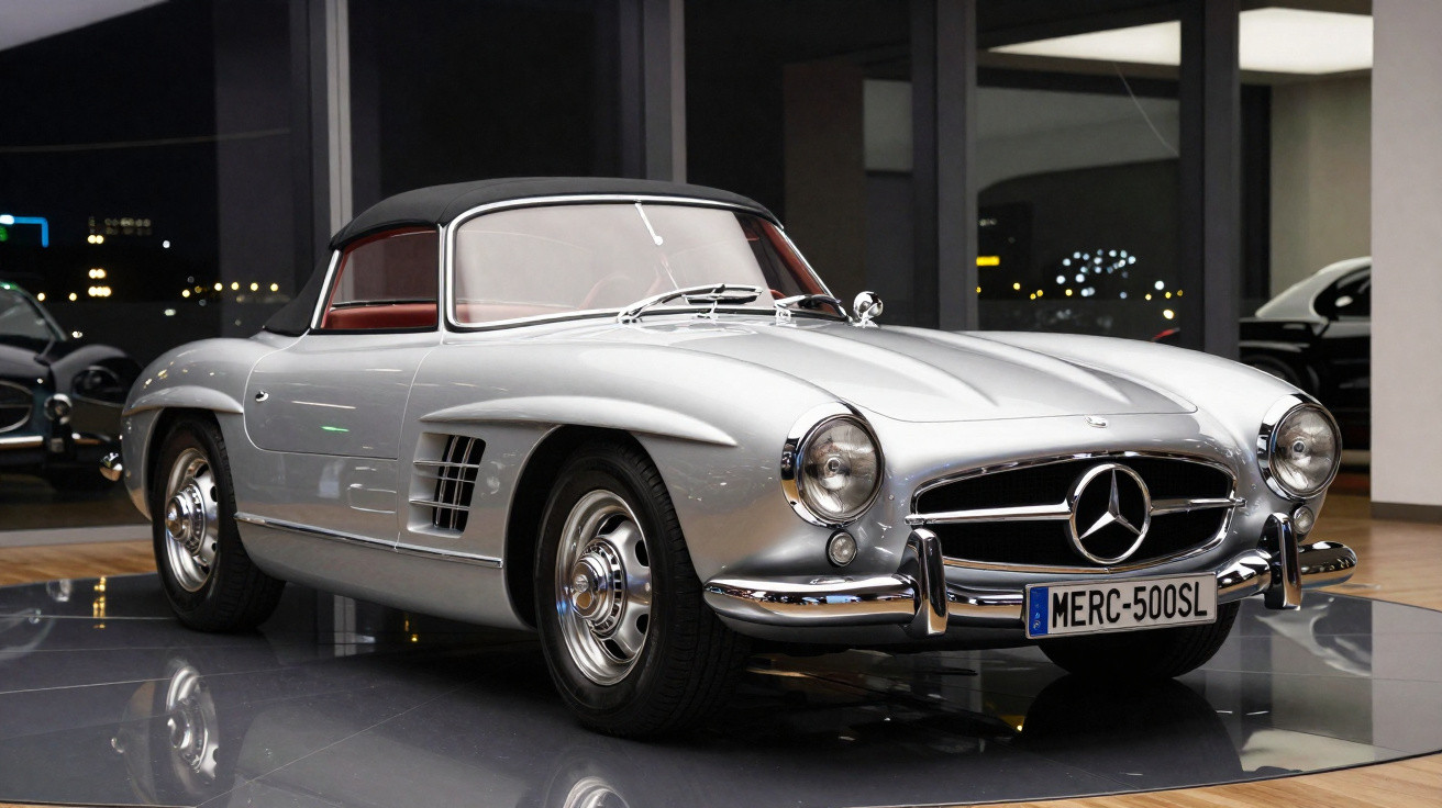 Silver classic Mercedes-Benz 300SL convertible displayed indoors with black soft top and visible license plate.