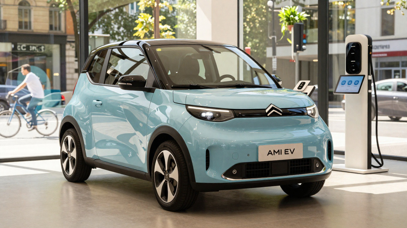 Light blue Citroën AMI electric vehicle displayed indoors near a charging station with street view outside.