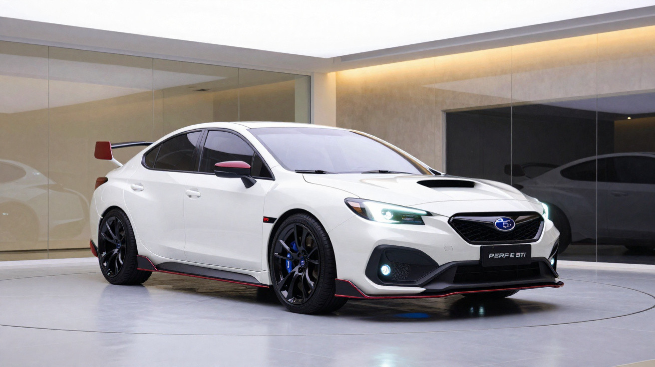 White Subaru performance sedan with black and red trim in a modern showroom with illuminated headlights.