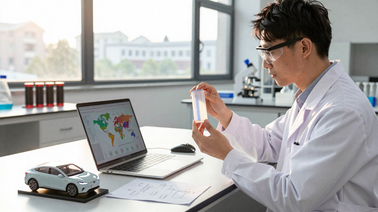 Scientist in lab coat examining a transparent sample with laptop displaying world map on desk nearby.