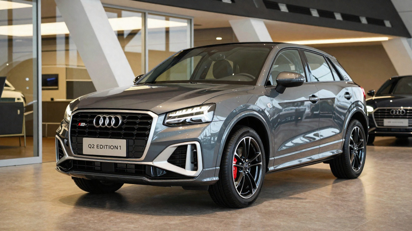 Grey Audi Q2 Edition 1 SUV parked indoors with black wheels and red brake calipers.