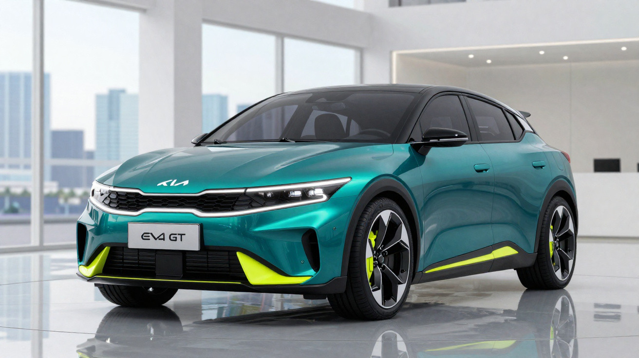 Green and black Kia EV4 GT electric car displayed in a modern showroom with cityscape windows.