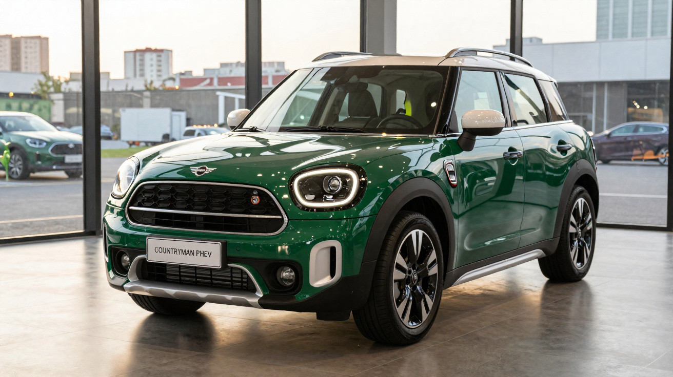 Green Mini Countryman PHEV parked indoors with city buildings visible through glass walls.