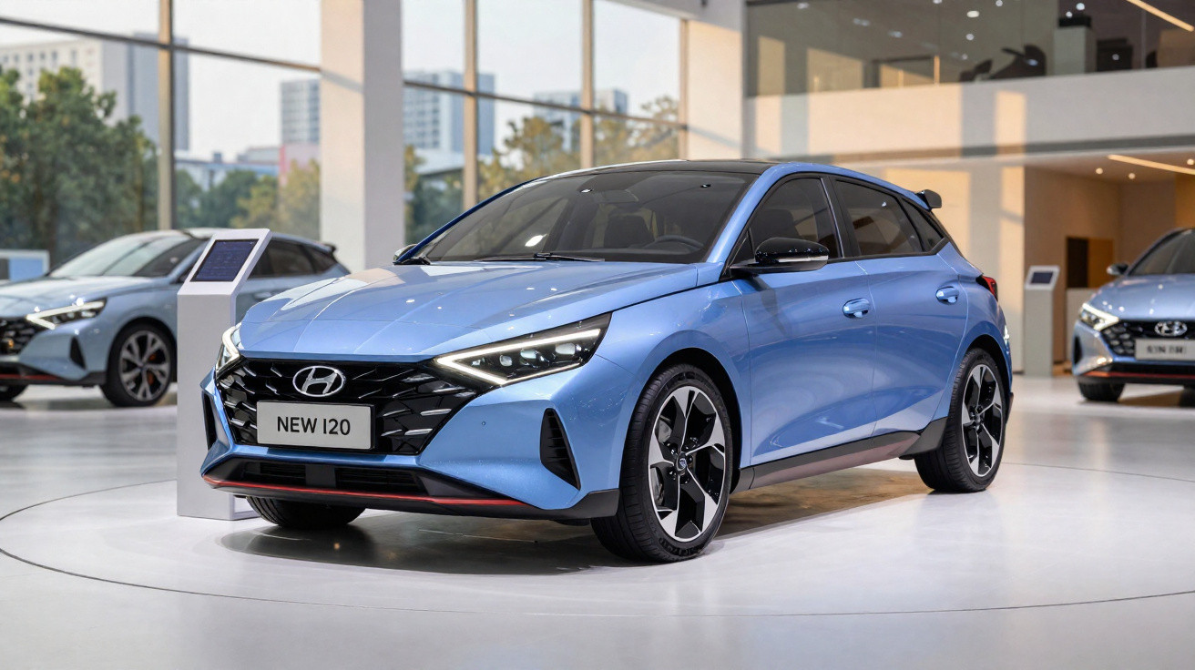 Blue Hyundai New i20 displayed in a modern showroom with large windows and other cars in the background.