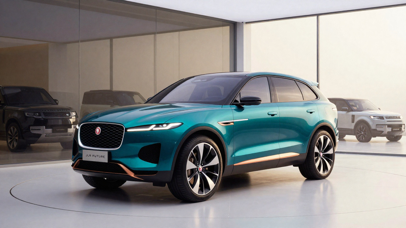 Teal Jaguar electric SUV displayed indoors with sleek design and large alloy wheels on a clean showroom floor.