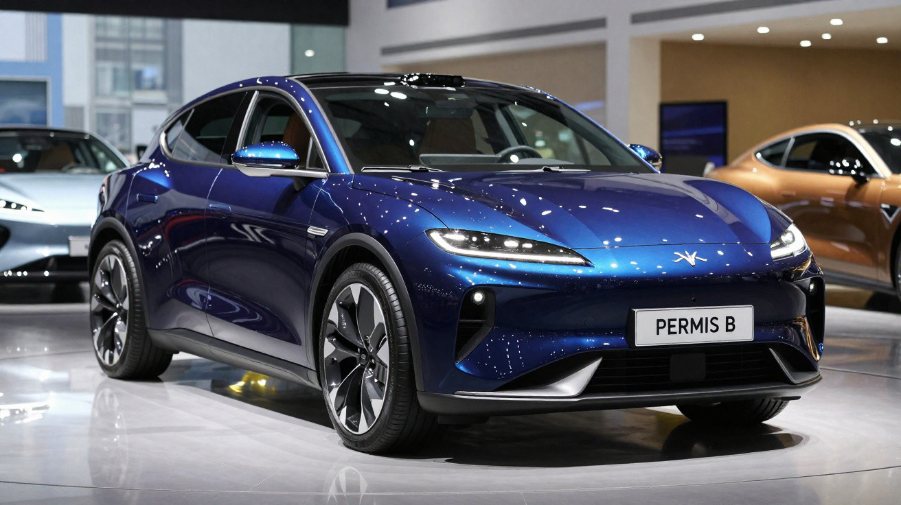 Blue electric car showcased indoors with sleek design and futuristic LED headlights.