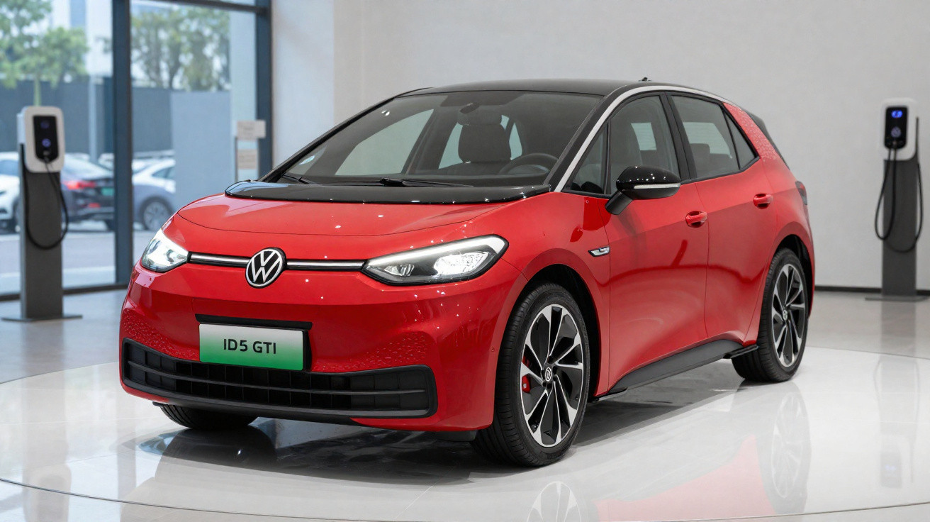 Red Volkswagen ID.5 GTI electric car displayed indoors with charging stations in the background