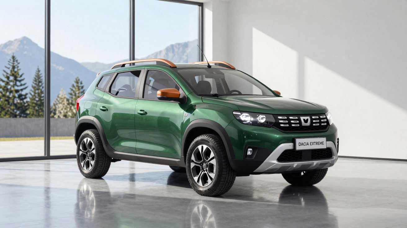 Green Dacia Extreme SUV parked indoors with mountains visible through large windows.
