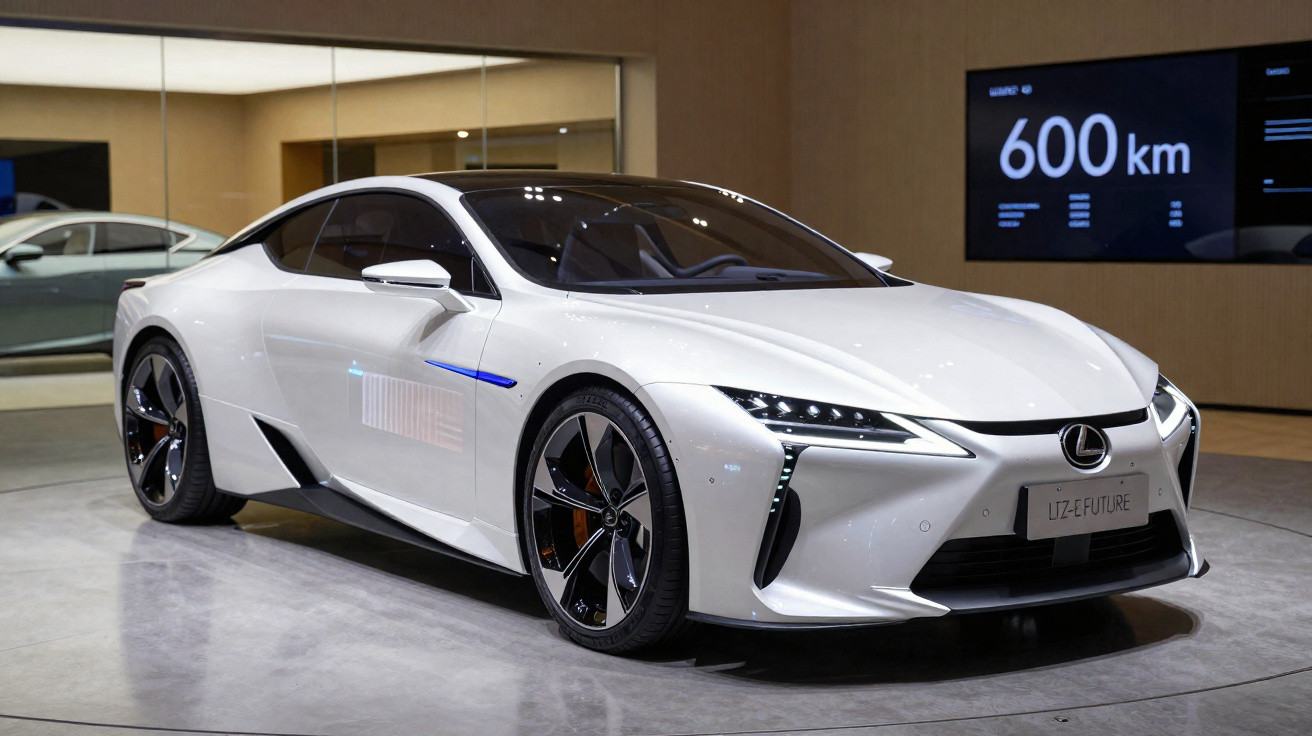 White Lexus electric sports car displayed indoors with 600 km range shown on screen in the background.