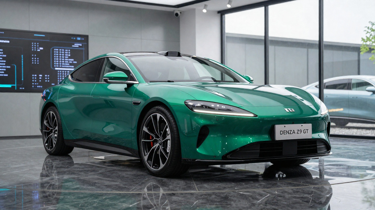 Green Denza Z9 GT electric sports car displayed in a showroom with polished floors and large windows.
