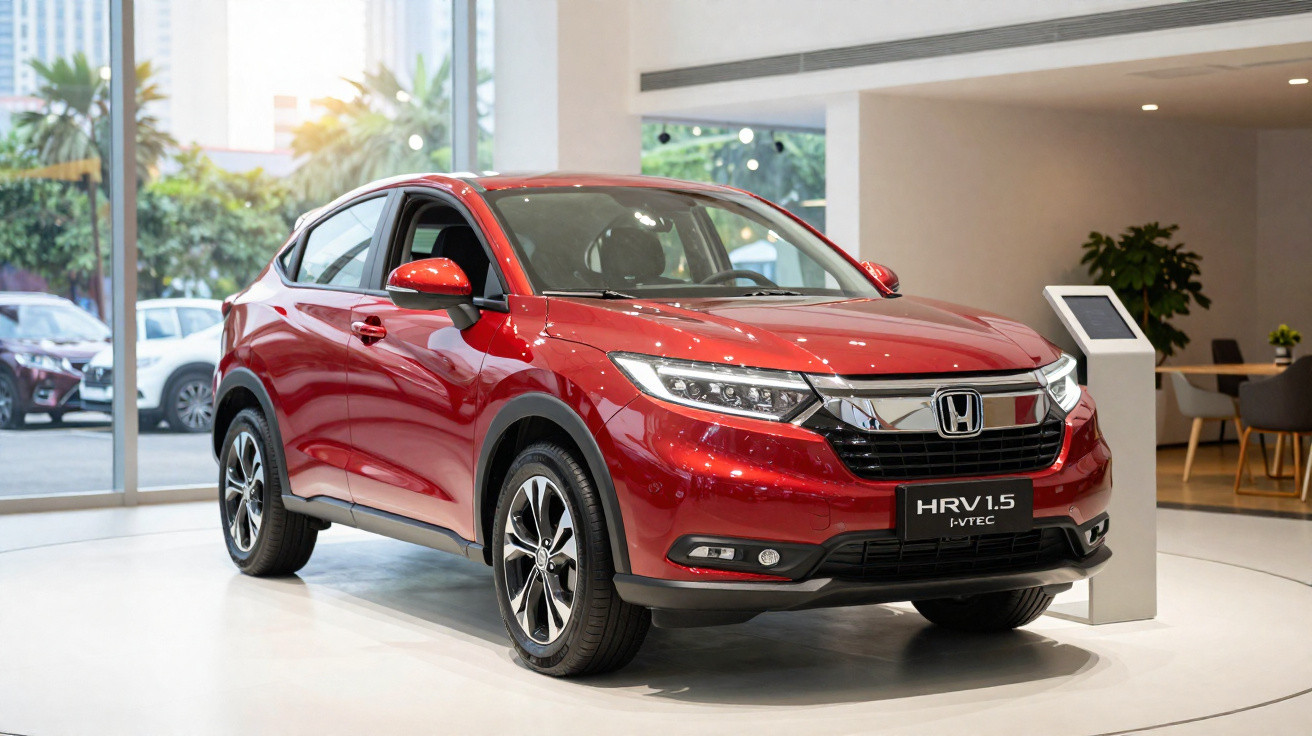 Red Honda HR-V 1.5 i-VTEC on display inside a well-lit showroom with modern décor.