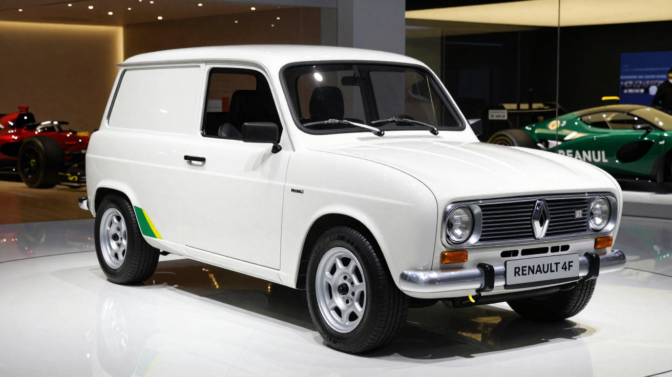 White vintage Renault 4F panel van displayed indoors with classic round headlights and silver wheels.