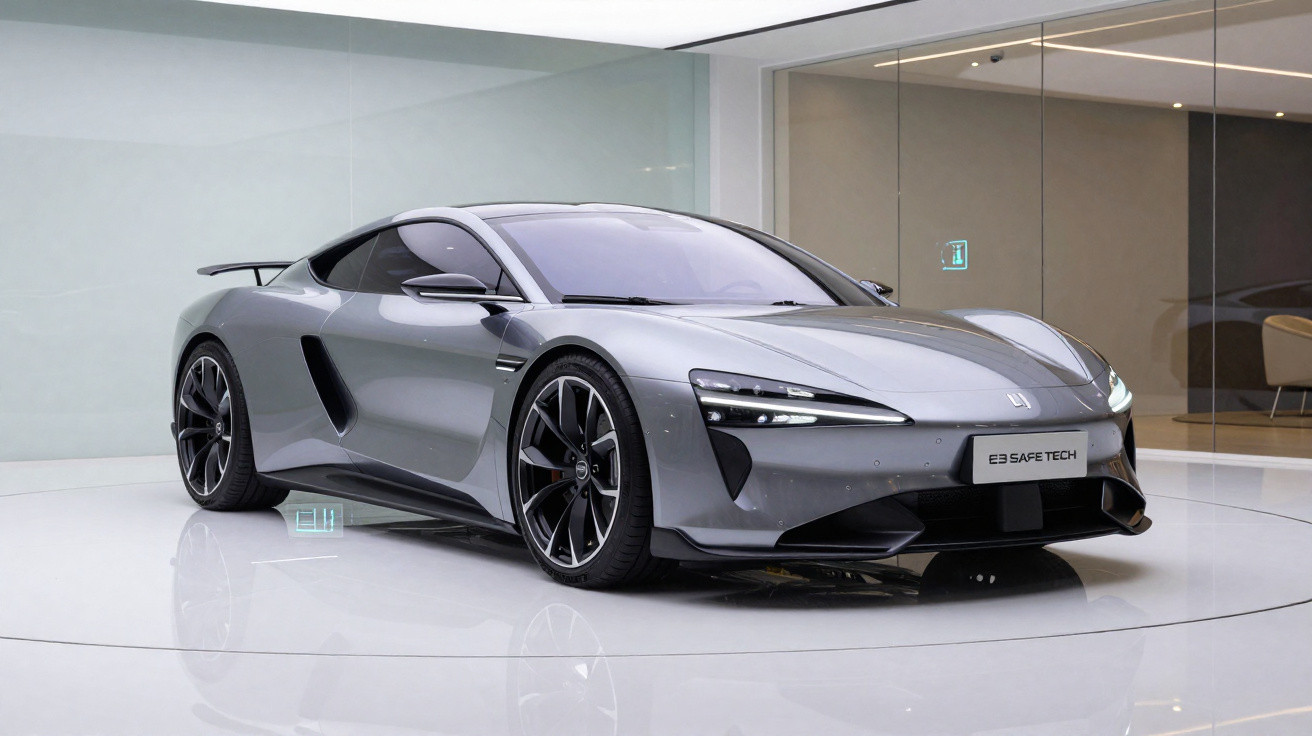 Sleek silver sports car with aerodynamic design displayed in a modern showroom with reflective floor.