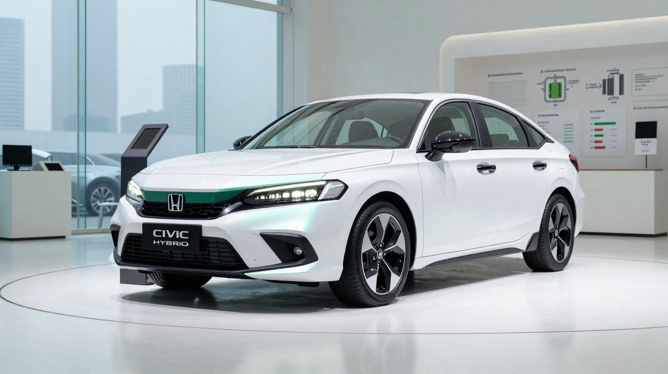 White Honda Civic Hybrid sedan showcased indoors on a circular platform with modern cityscape windows behind.