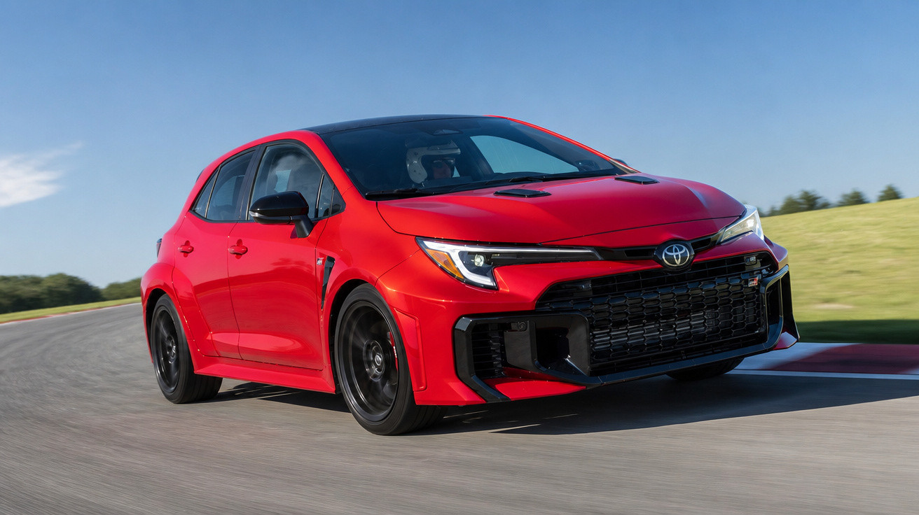 Red Toyota hatchback car driving on a race track on a clear sunny day.
