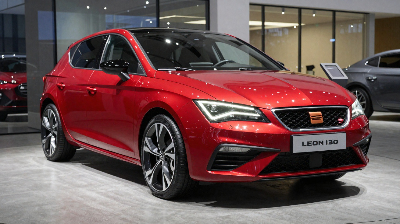 Red Seat Leon 130 hatchback car displayed indoors with modern alloy wheels and LED headlights.