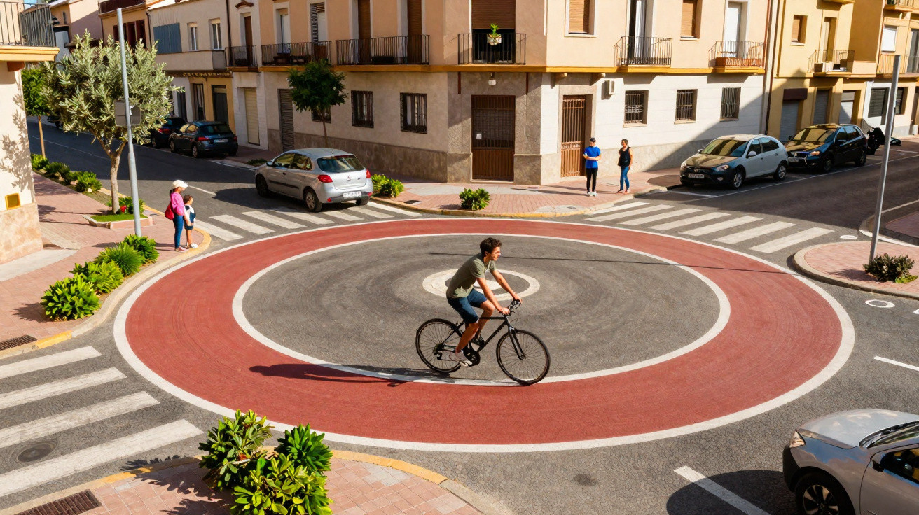 Man riding bicycle around a small traffic roundabout in a sunny urban neighbourhood.
