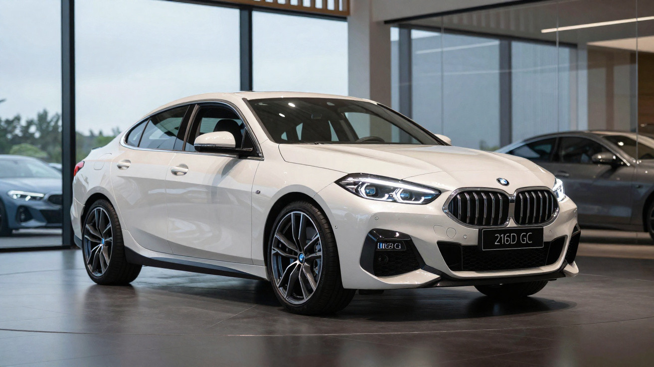 White BMW 2 Series Gran Coupe displayed indoors with LED headlights and sporty alloy wheels.