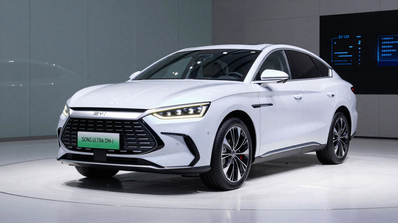 White BYD Song Ultra DM-i hybrid car displayed on a showroom floor with sleek modern design and LED headlights.