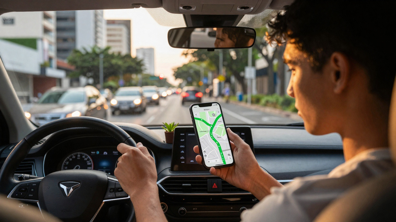Person holding a smartphone displaying a navigation app while driving a car in heavy city traffic.