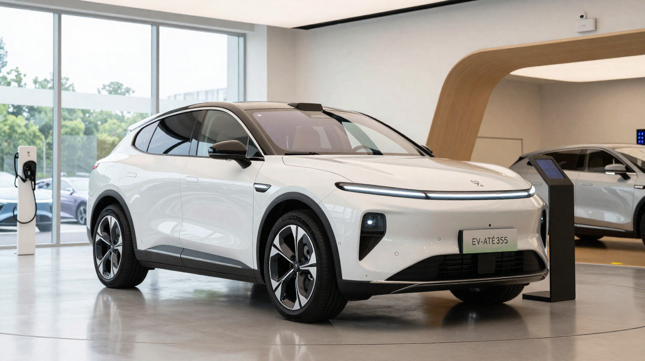 White electric SUV displayed indoors near charging stations with a sleek, modern design and large windows.