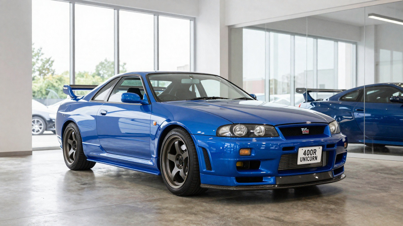 Blue Nissan Skyline GT-R parked inside a modern showroom with large windows and polished concrete floor.