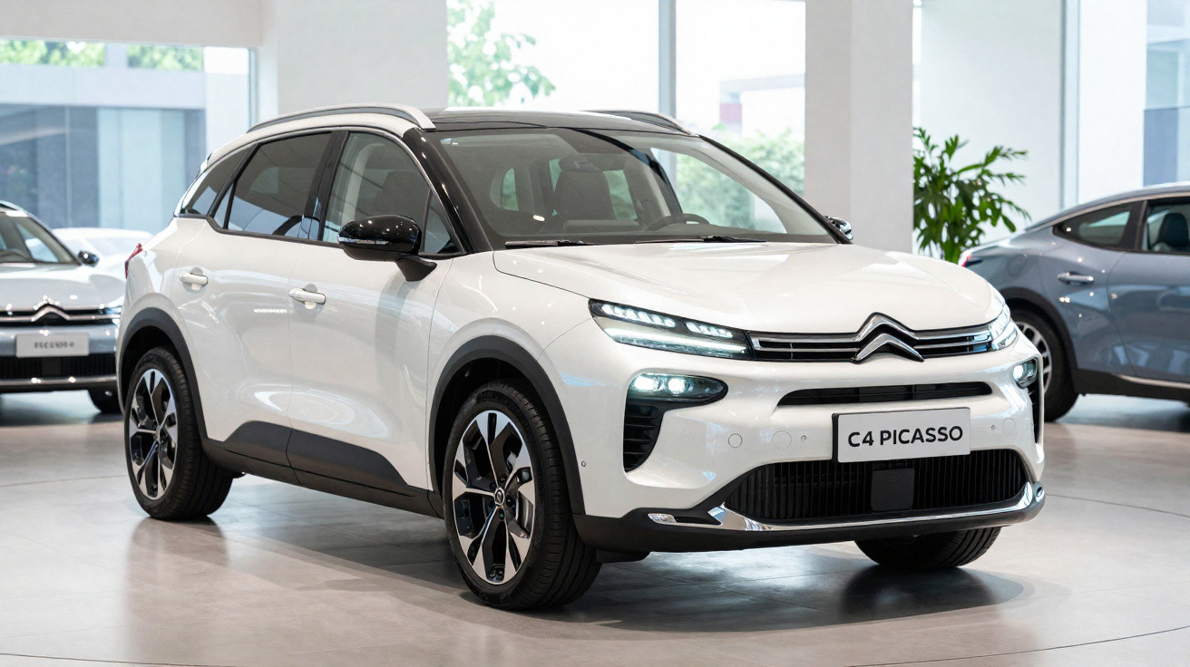 White Citroën C4 Picasso hatchback displayed indoors with LED headlights and black roof accents