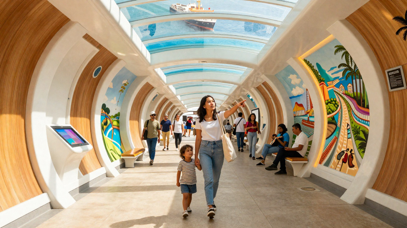People walking through a bright, curved corridor with colourful wall murals and a glass ceiling showing a ship above.