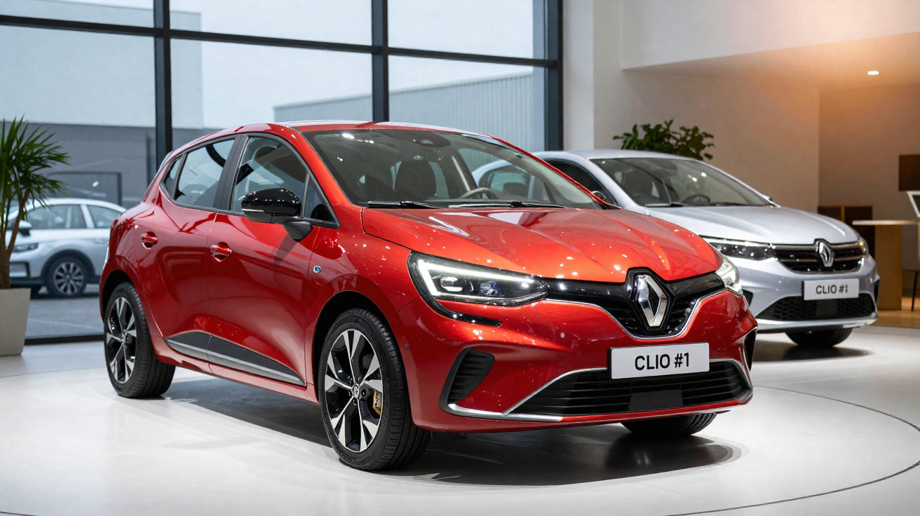 Red and white Renault Clio hatchbacks displayed inside a showroom with large windows and potted plants.