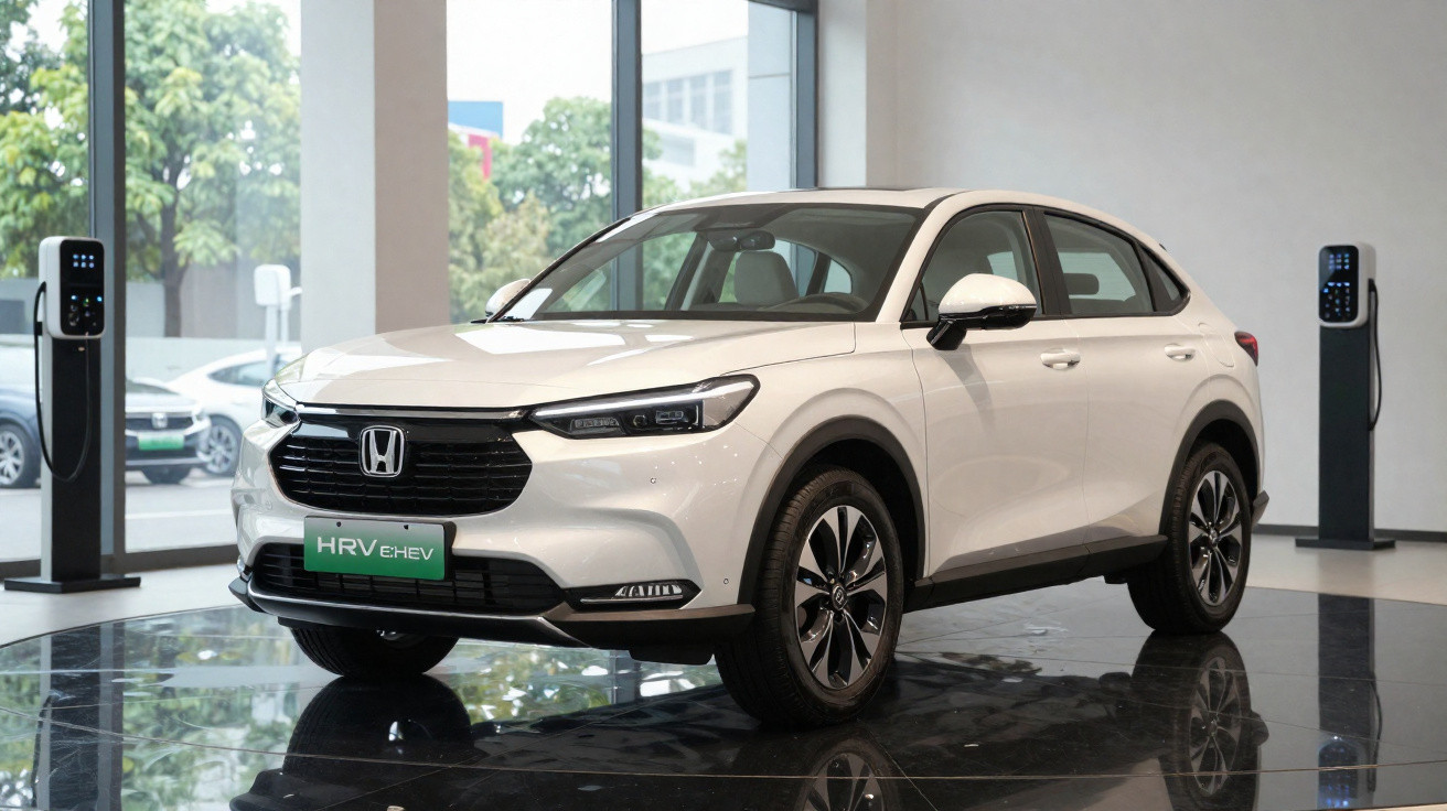 White Honda HR-V e:HEV electric SUV displayed indoors near charging stations
