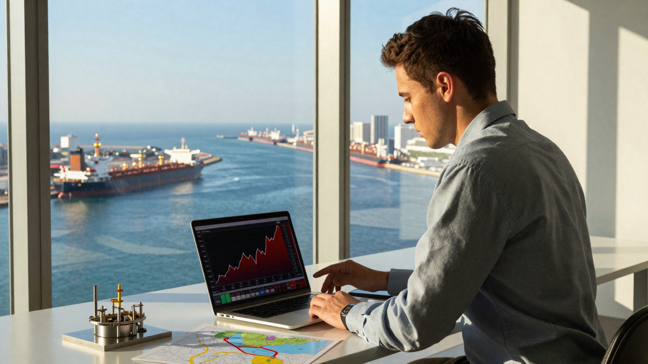 Man analysing stock market data on laptop by window overlooking harbour with ships and city skyline.