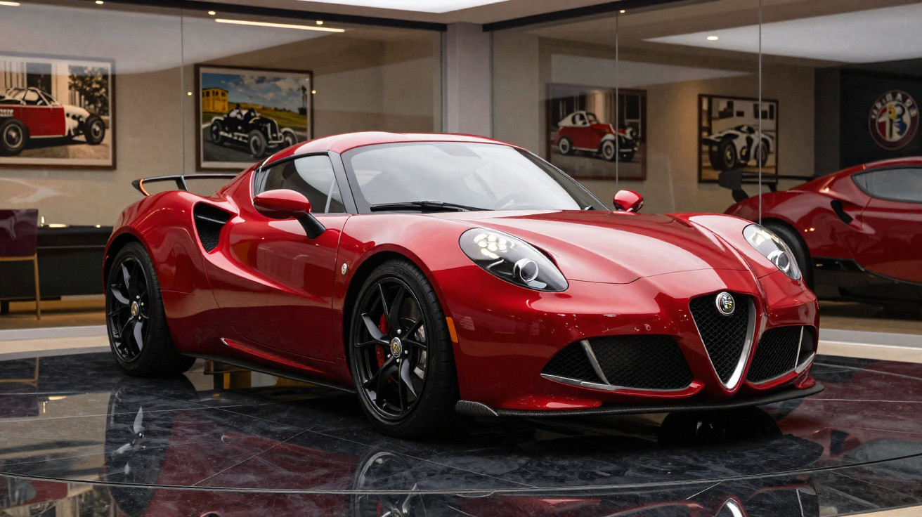 Red Alfa Romeo sports car displayed indoors with mirrors reflecting the vehicle and framed car art on walls.