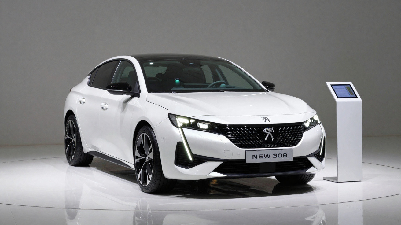 White Peugeot New 308 hatchback displayed on a glossy white platform with a digital information stand beside it.