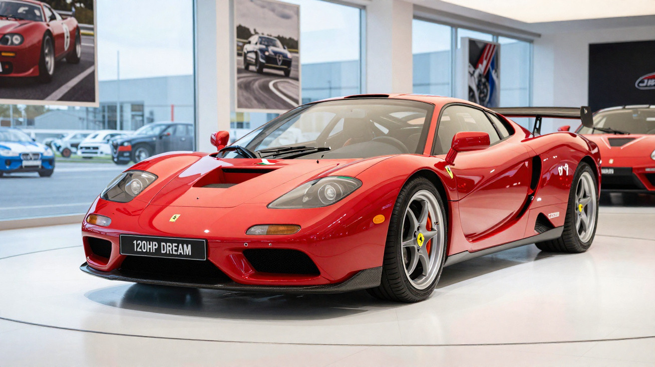 Red Ferrari sports car displayed indoors with a "120HP DREAM" plate on a white showroom floor.