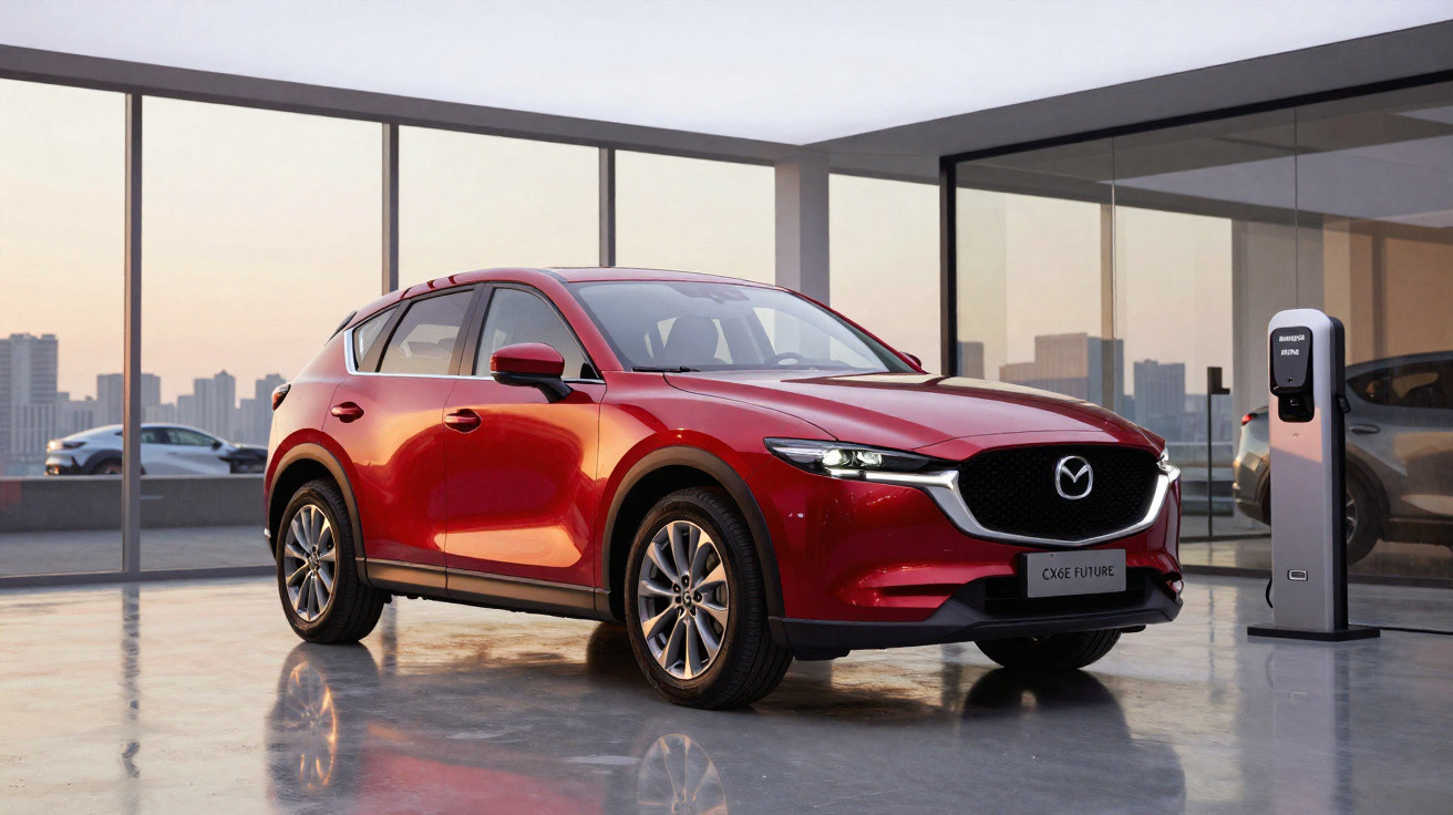 Red Mazda CX-60 SUV parked indoors beside an electric vehicle charging station at sunset.