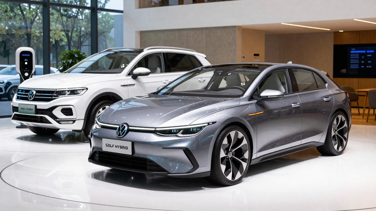 Silver Volkswagen Golf Hybrid hatchback and white Volkswagen SUV displayed in a showroom with large windows.