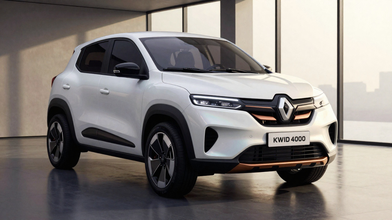 White Renault KWID 4000 compact SUV parked inside a modern room with large windows.