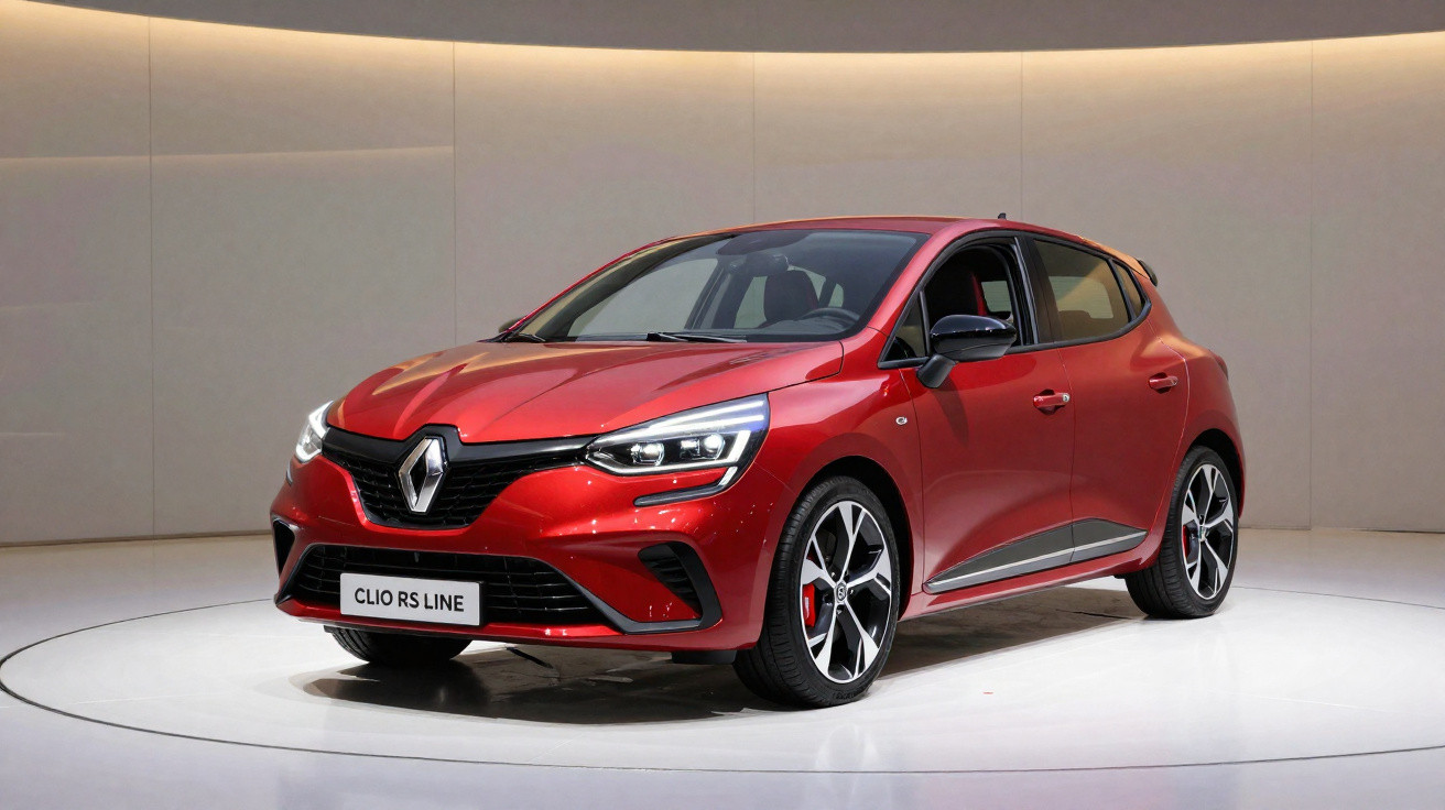 Red Renault Clio RS Line hatchback displayed on a white circular platform in a modern showroom.