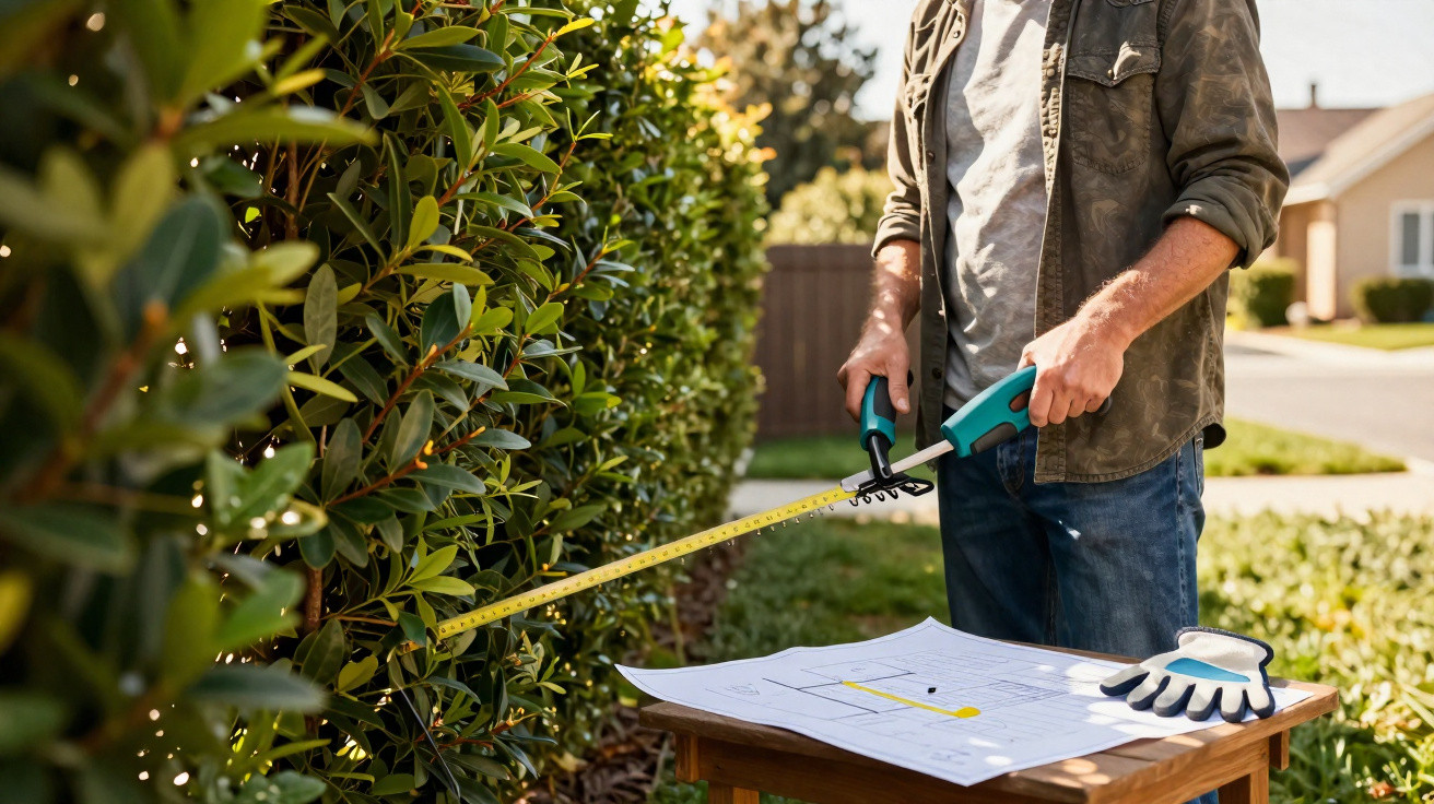 Man measuring garden hedge with tape measure near table holding gloves and blueprint in a sunny suburban setting.
