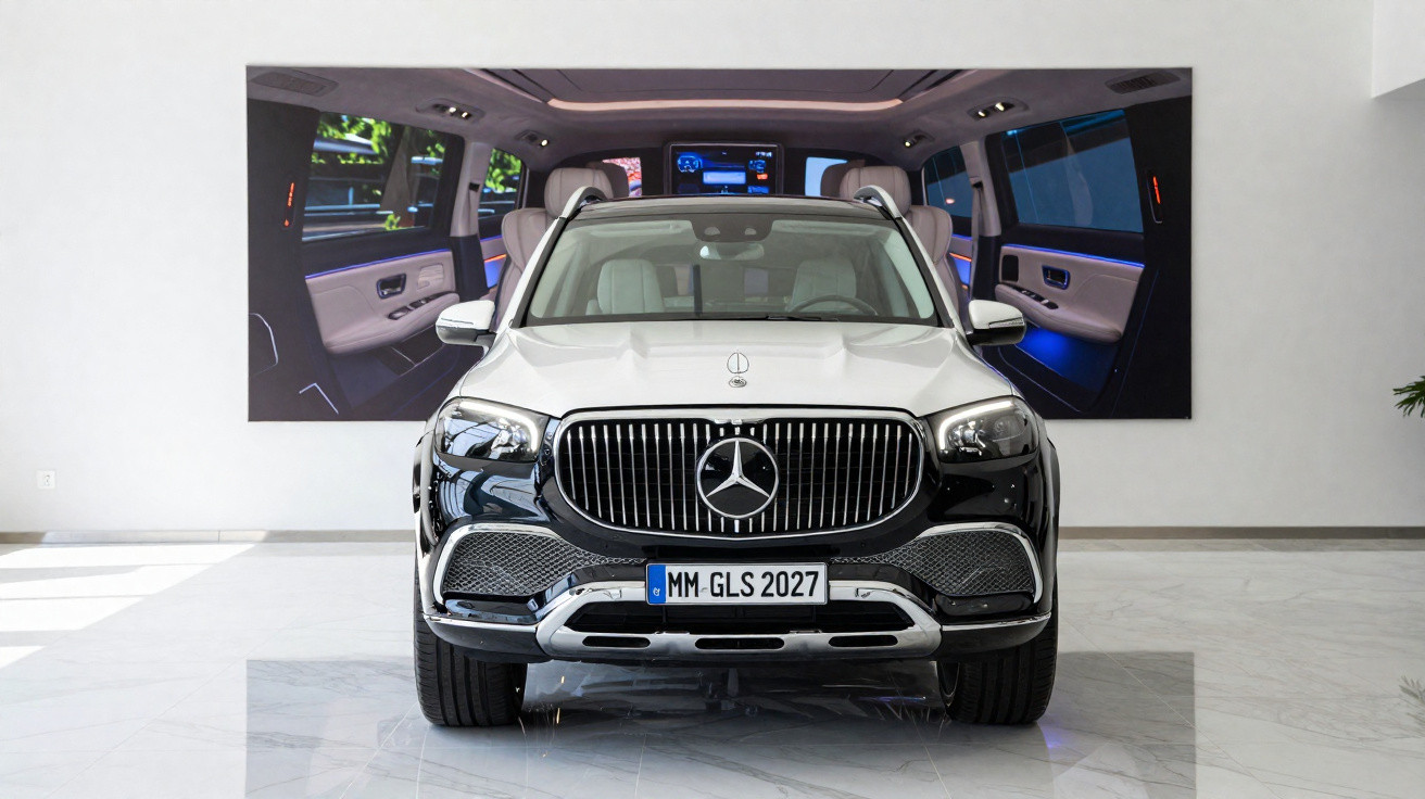 Front view of a black and white Mercedes-Benz GLS SUV displayed in a showroom with interior photo backdrop.