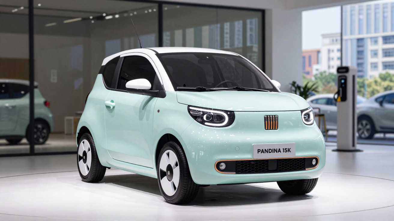 Light blue compact electric car Pandina 15K displayed indoors with modern showroom background.