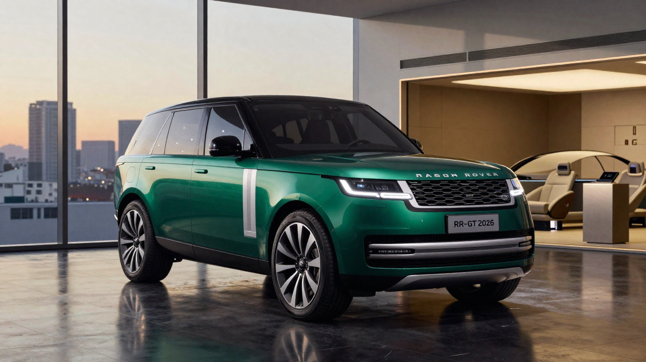 Green Range Rover SUV parked inside a modern building with large windows and city view at dusk.