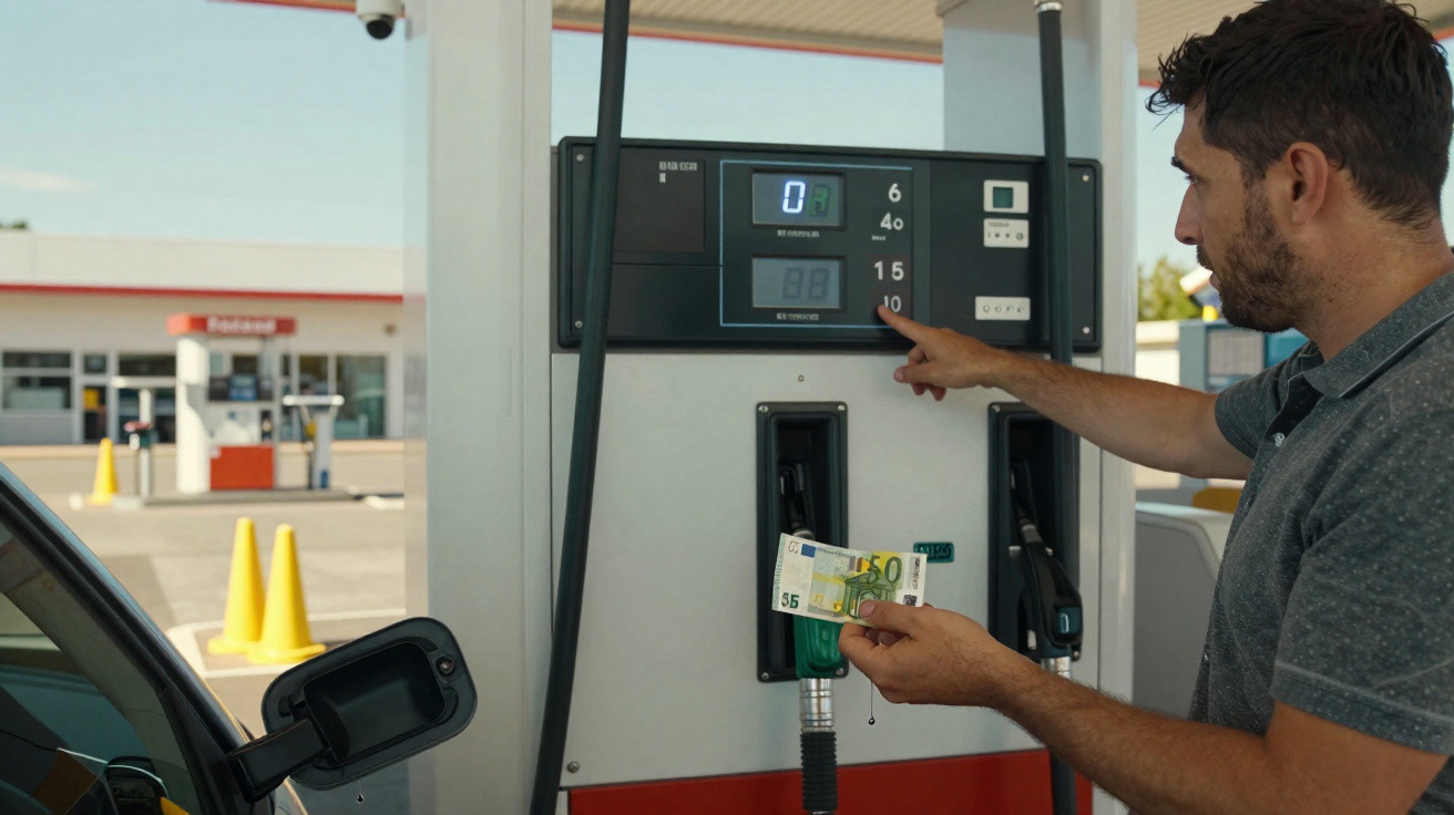 Man paying with a fifty euro note at a petrol station while selecting fuel on the pump display.