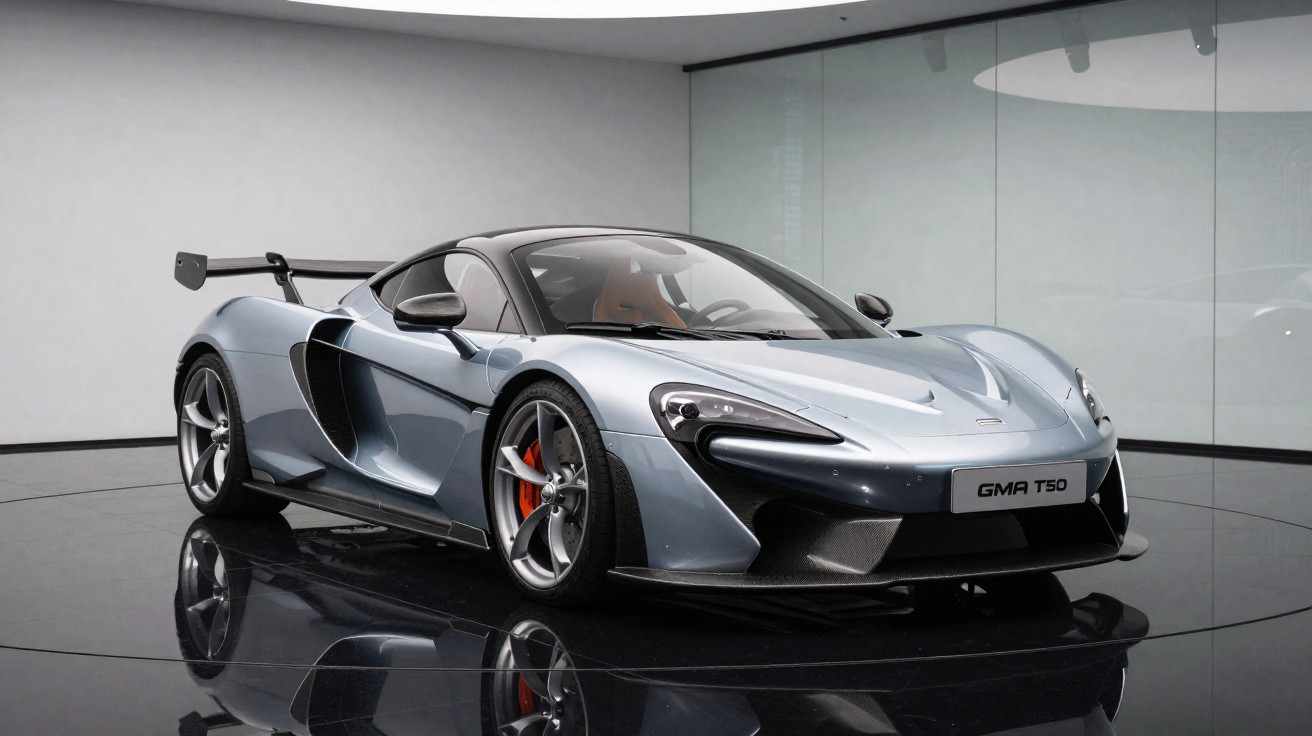 Silver McLaren GMA T.50 sports car displayed indoors on a glossy black floor with glass walls.