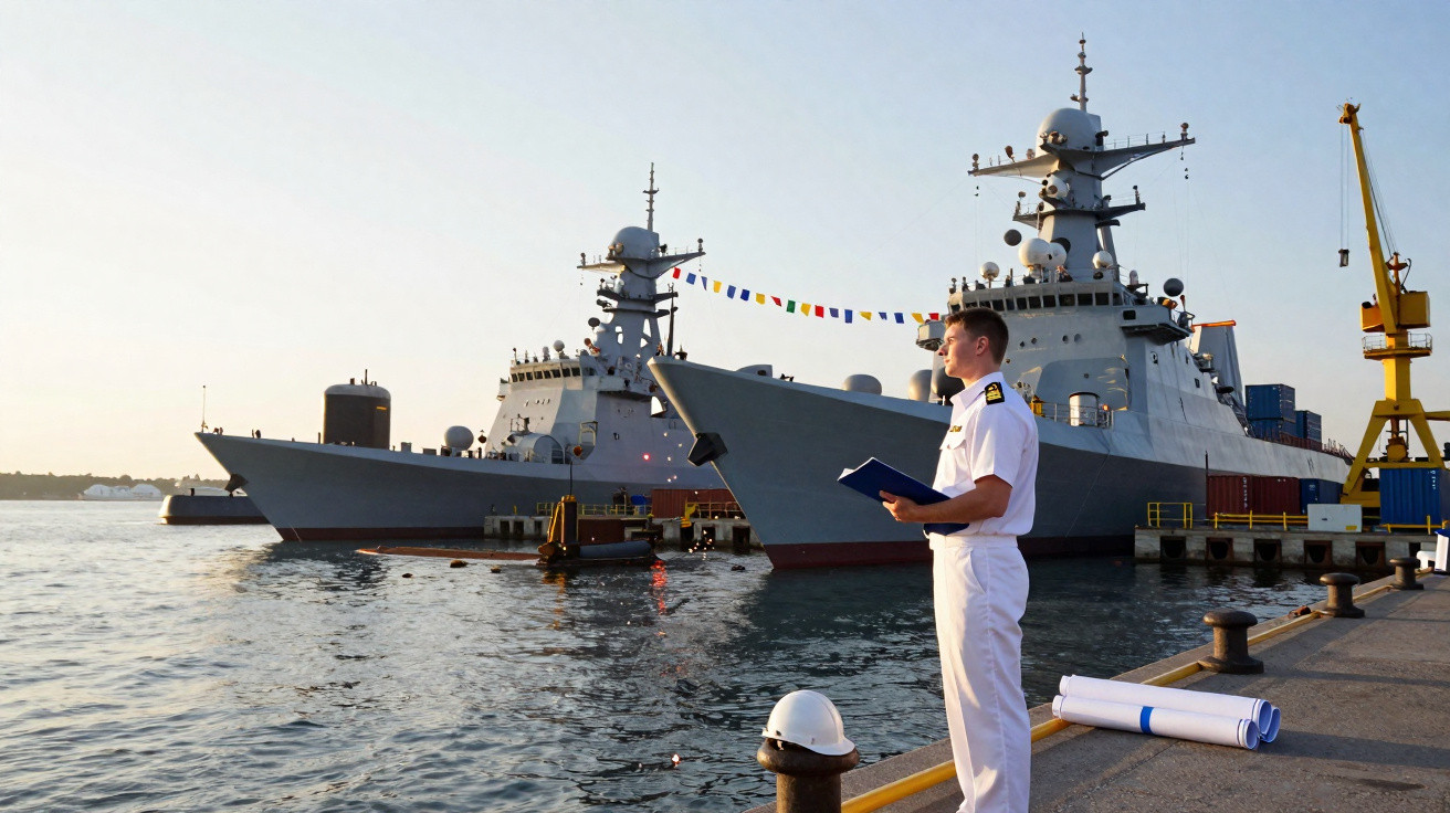 Naval officer in white uniform holding a clipboard stands near docked military ships at harbour.