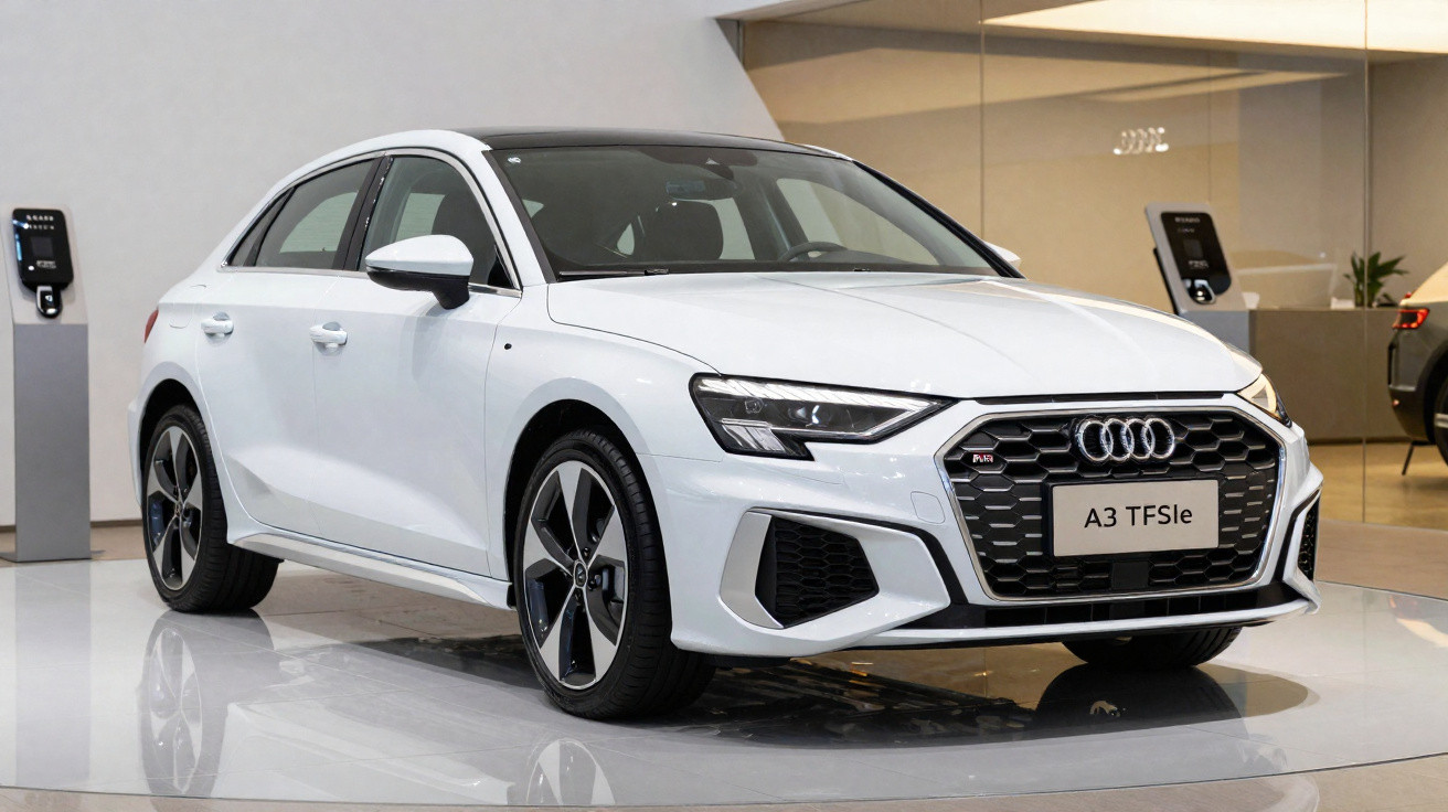 White Audi A3 TFSIe sedan displayed indoors with charging station in background.